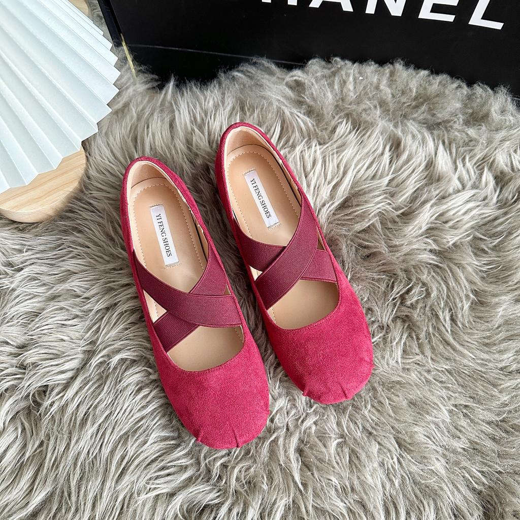 Height Increase 5cm French Cross Elastic Band Pig Nose Mary Jane Shoes Women's One-pedal Flat Ballet Shoes Outer Wear