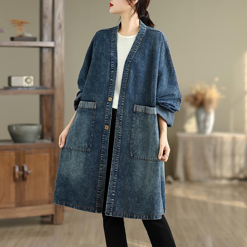 Dimanaf 2025 Autumn Denim Jackets Long Coat Long Sleeve Shirt Women Loose Blue Vintage Tops Plus Size Coat