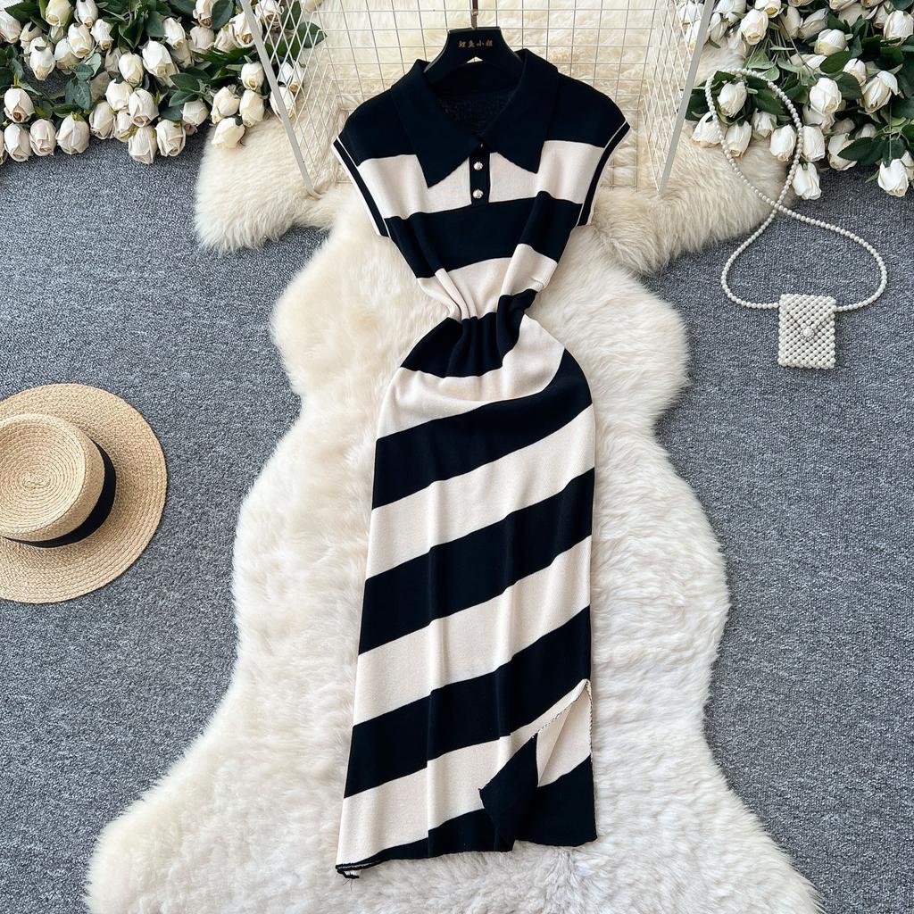 Niche Retro Fashion Polo Collar Short-sleeved Contrasting Striped Knitted Dress Women's Waist and Split-ended Sweater Skirt