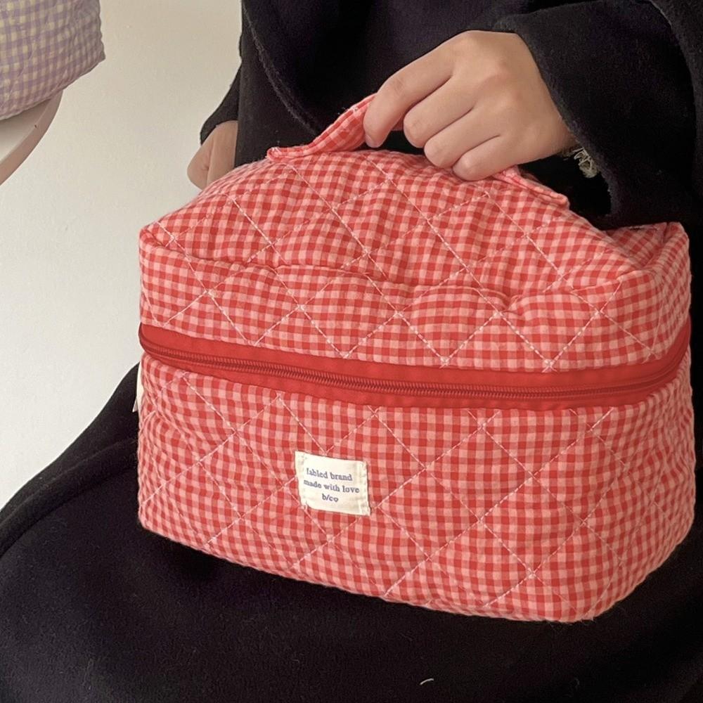 New Cotton Makeup Bag Cute Checkered Pattern Travel Toiletry Bag Multi-size Large Capacity Storage Wrist Bag Travel Use