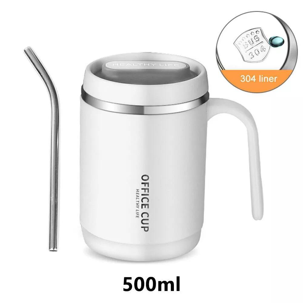 500ML Isolierte Kaffeetasse Reisebecher Thermosflasche aus Edelstahl mit Strohhalm