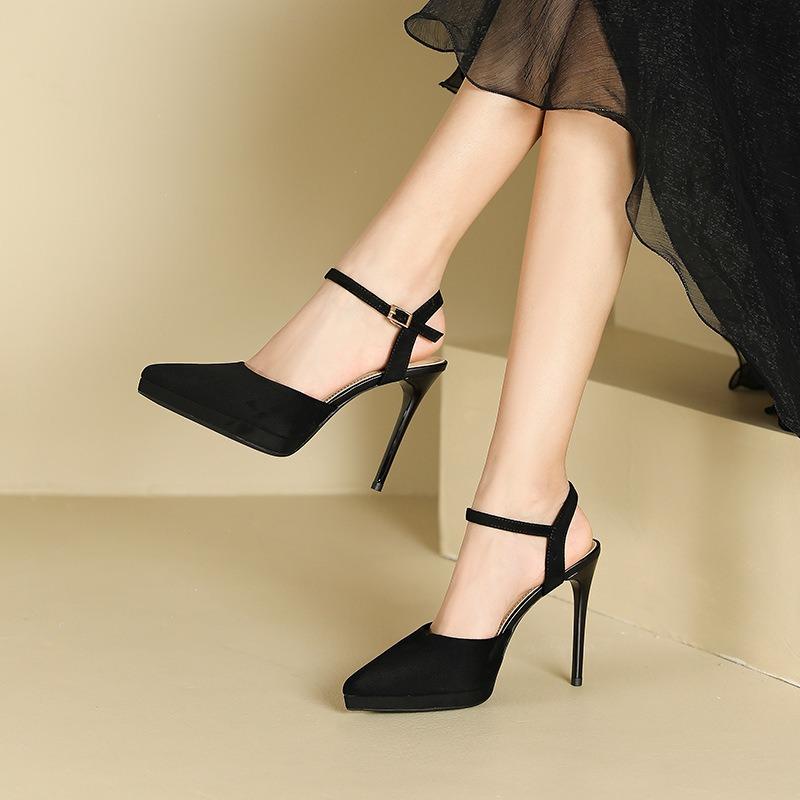 8-1 pointed thin heel black high heels women's summer new bag head hollow waterproof table high heel single shoes