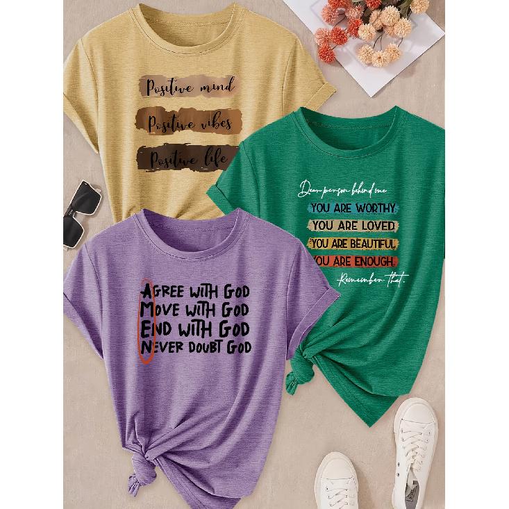 Spring and Summer Hot Sale Women's Clothing 3 Pack of round-neck short-sleeve shirts T Shirt Positive energy self-affirmation text print Sunlight