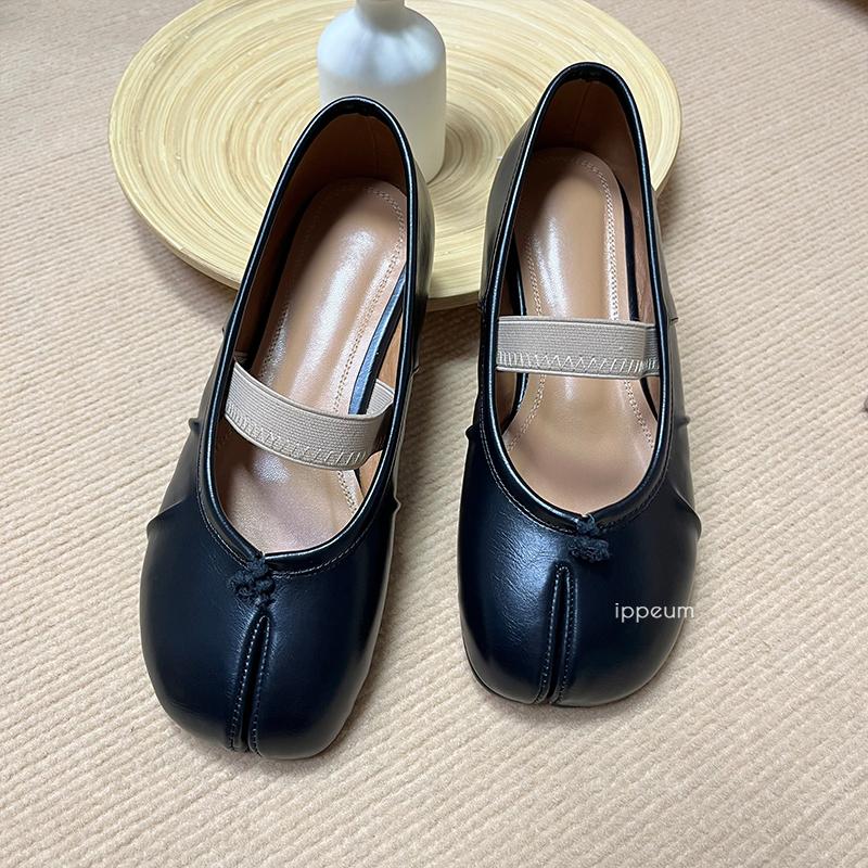 Fashion IPPEUM Women Elastic Band Ballerina Flats Ballet Split Toe Shoes Black Leather Plus Size Ballerinas Zapatos Mujer