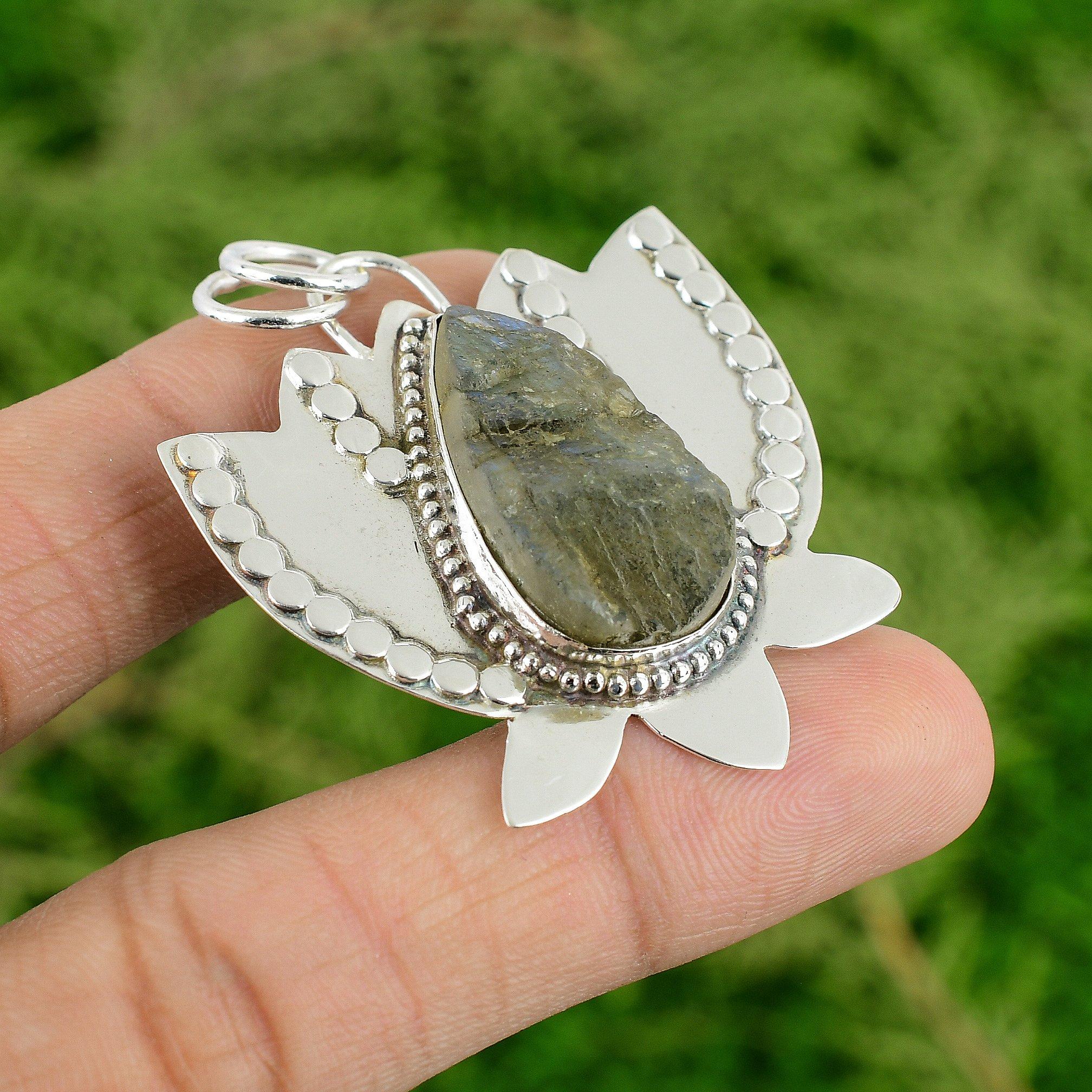 

925 Sterling Silver Natural Labradorite Rough Lotus Anniversary Pendant Jewelry