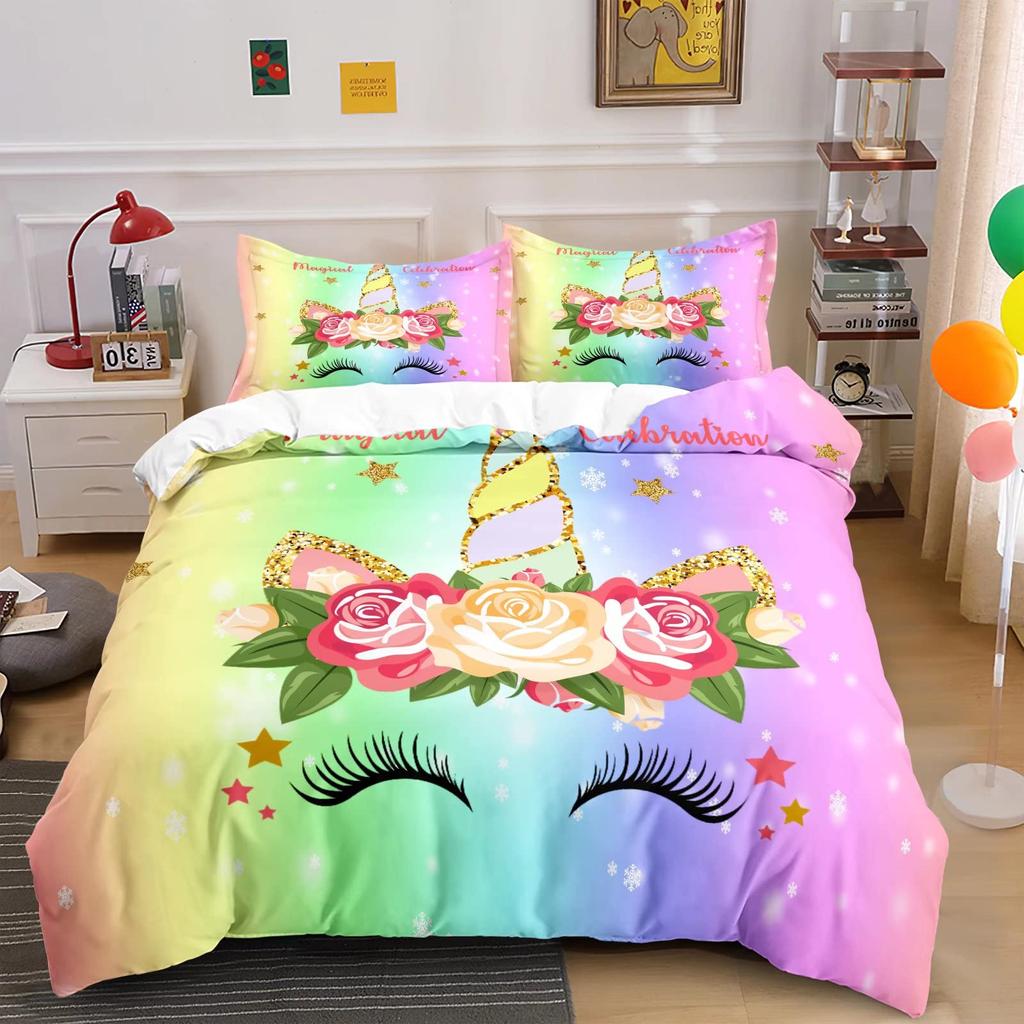 Unicorn Duvet Cover Set Cartoon Animal Galaxy Star Floral Bedding Set For Kids Girls Polyester Romantic Theme Comforter Cover
