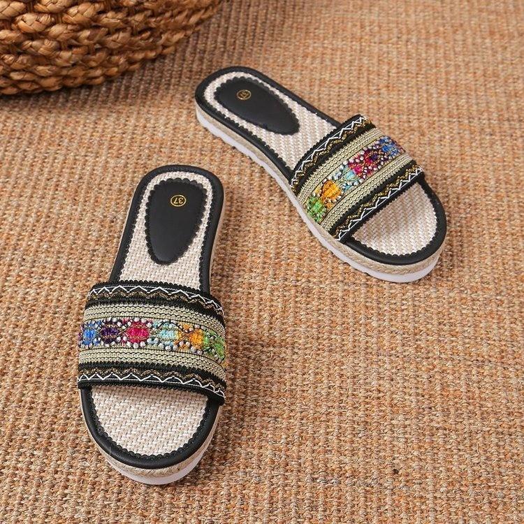 Large size 2025 summer slippers women's webbing wedge heel new European and American ethnic style thick-bottomed cool slippers