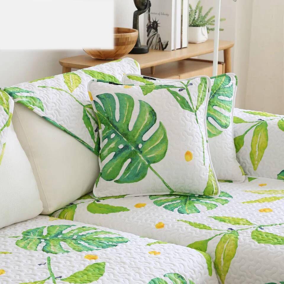 Pure Cotton Sofa Cushion, Living Room Fabric Cover Cover, All Season Universal Anti Slip Seat Cushion, Green Leaf