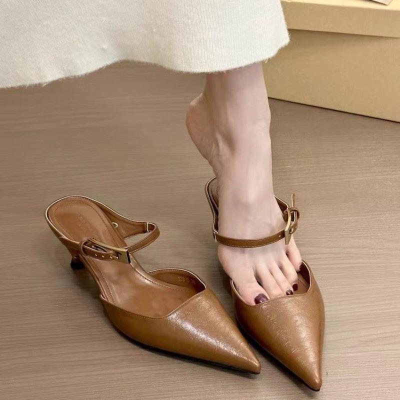 Fashion New Women Pointed Toe Slippers Mid Heels Fashion Elegant Mules Shoes Summer Dress Sexy Woman Sandals Trend Brand Women’s Pumps