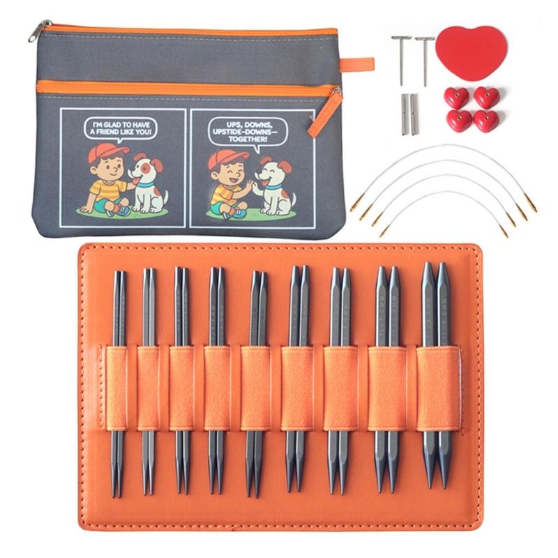 9Pairs Interchangeable Aluminum Circular Knitting Needle with Case Ergonomic Grip for Weaving Yarns Craft 3.5mm-8.0mm