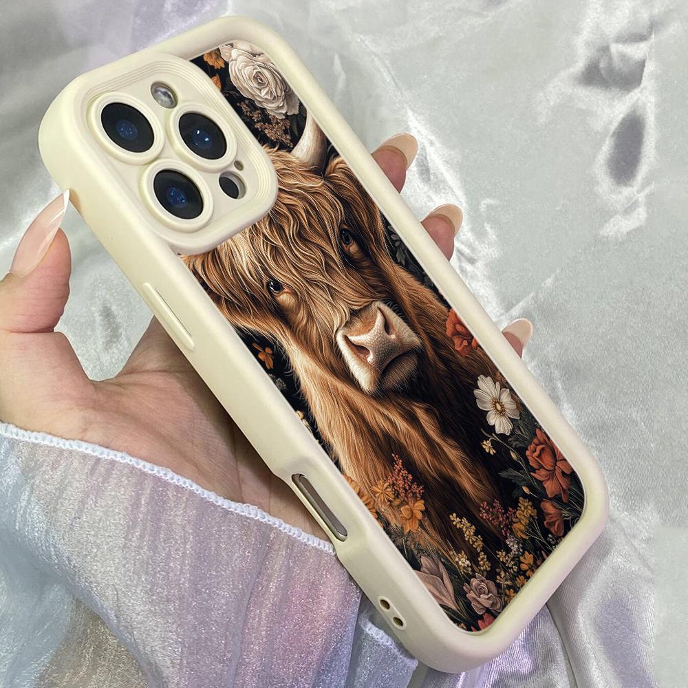JT560 Vintage Highland Cow Flower Art for iPhone 17 16 15 14 13 Pro Max Samsung S26 S25 Ultra A17 A07 A56 A16 Xiaomi 15T Redmi 15c 14 Soft Case