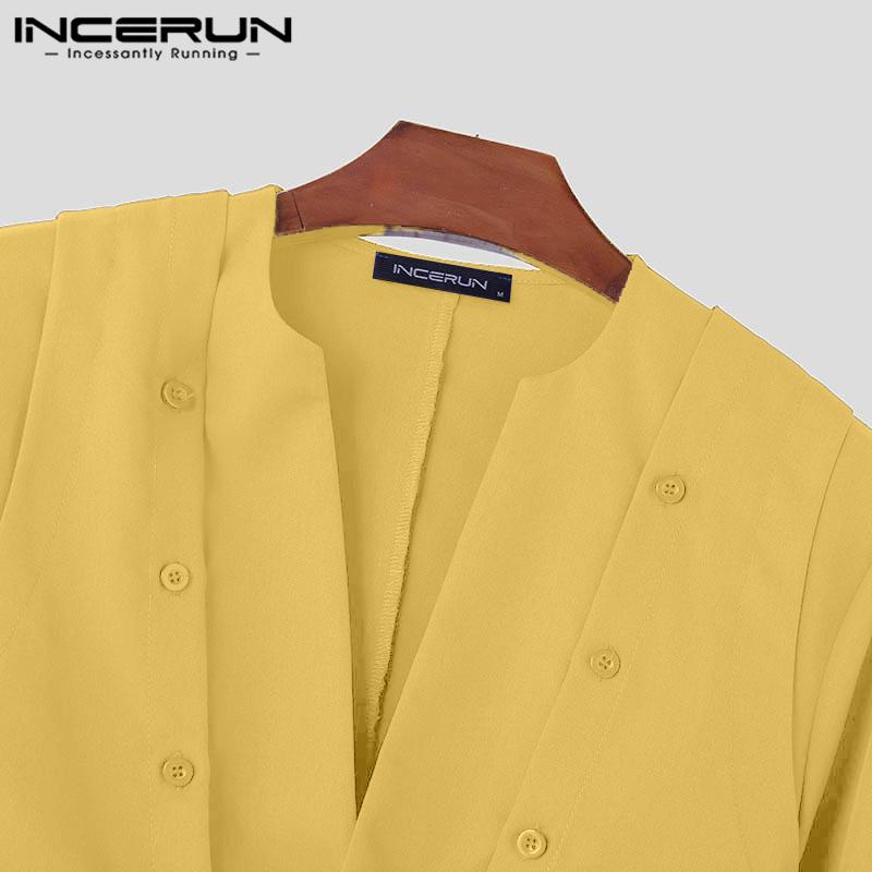 INCERUN Pánská košile s výstřihem do V vpředu s překříženými knoflíky Jednobarevné topy se stuhou s dlouhým rukávem