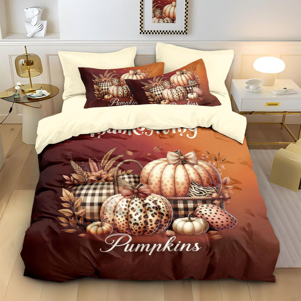 Thanksgiving Quilt Cover Three-Piece Pumpkin 3D Printed Bedding Polyester Pillow Cover Quilt Cover