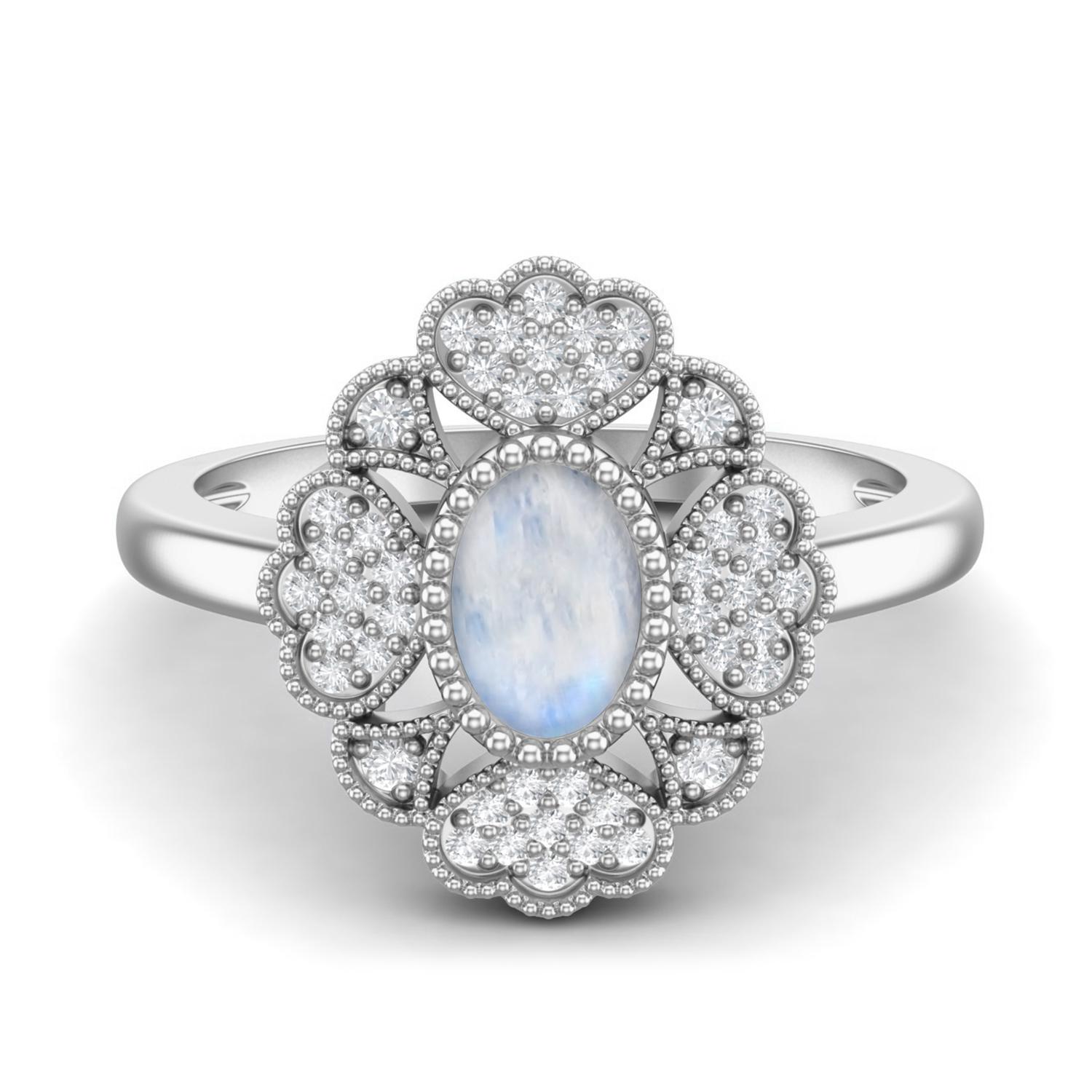 6X4 MM Oval Natural Moonstone Designer Flower 925 Sterling Silver Women Wedding Ring 10 белый