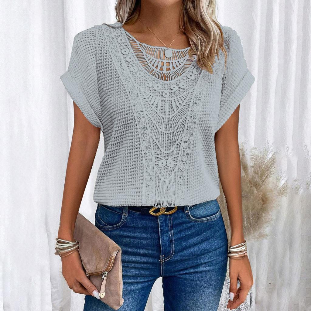 Women’s Short Sleeve Crochet Knit Top with Round Neck and Hollow Out Pattern for Casual Daily Wear