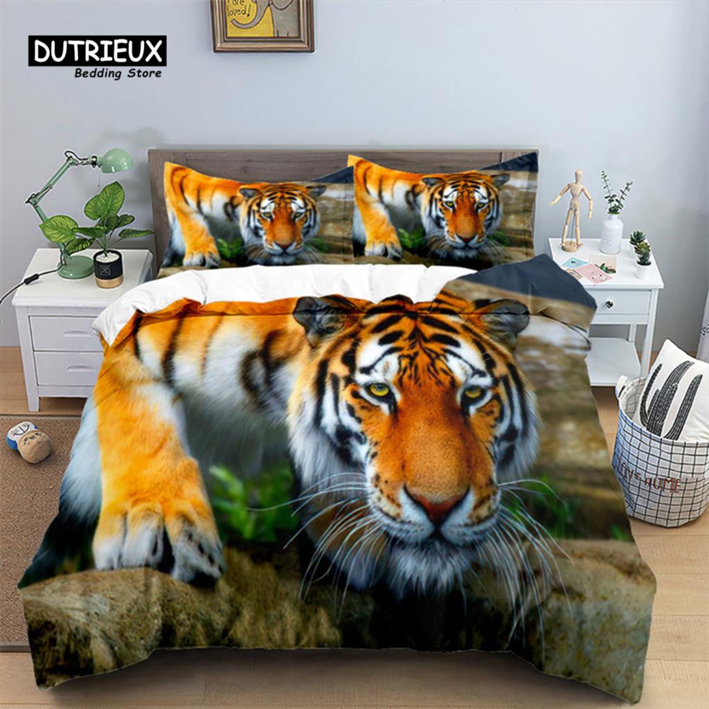 Tiger Duvet Cover Set Queen Size African Animal Bedding Set Tropical Wild Animal Leopard Comforter Cover For Kids Adults Decor