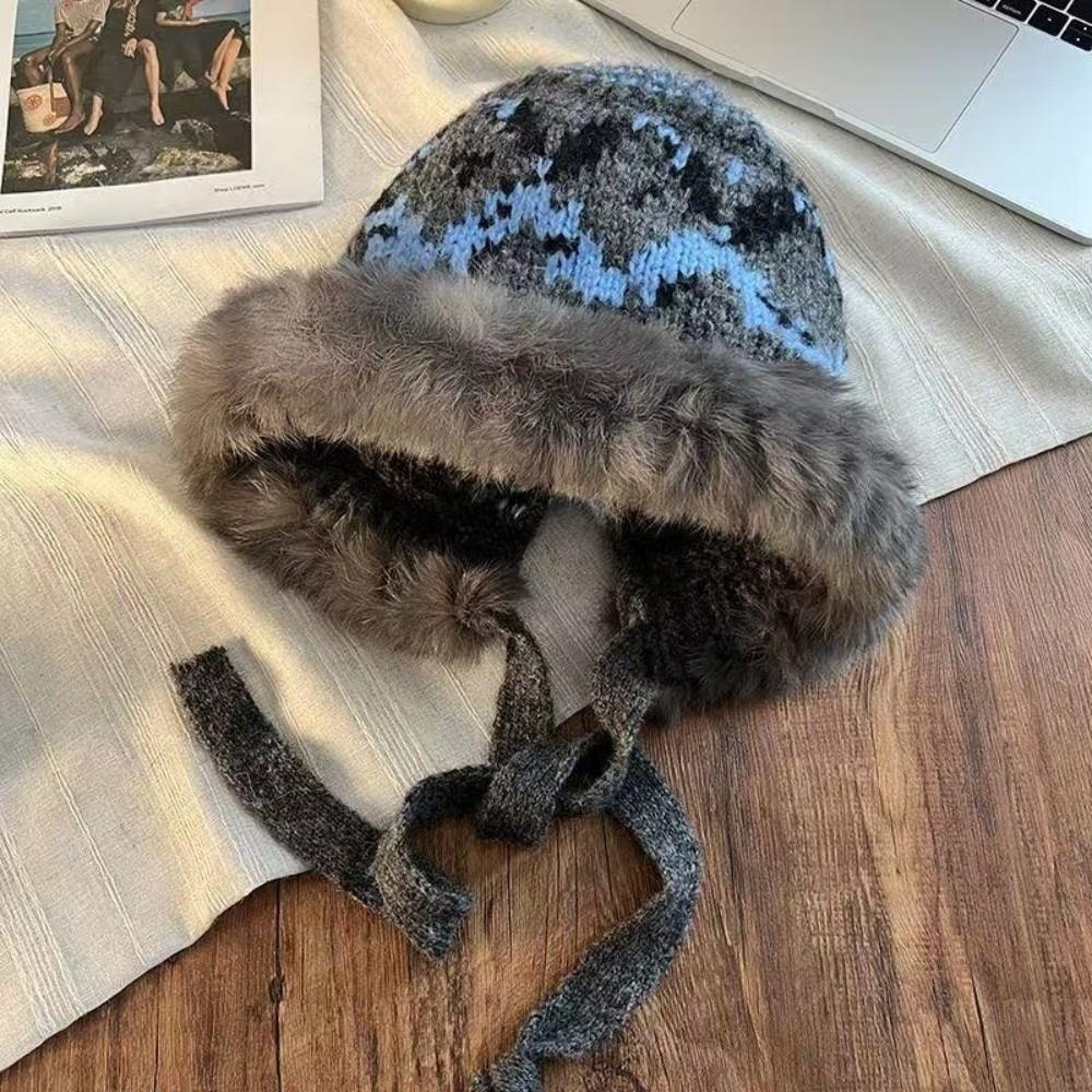 Windproof Faux Fur Lei Feng Hat Ethnic Style Pullover Beanie Hat Knitted Plush Hat Autumn Winter