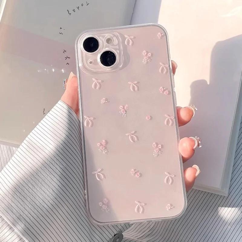 Cute Pink Heart Bow Case For iPhone 15 Pro Max 14 11 12 13 Mini XR XS 7 8 6 6S Plus SE Shockproof Soft Clear Phone Cases Coque