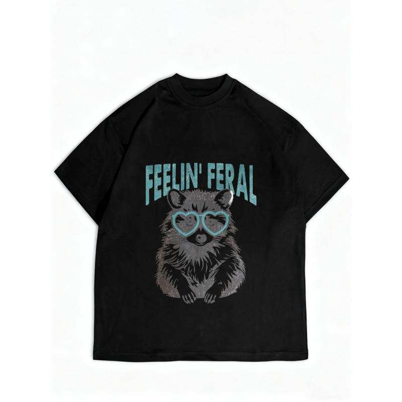 Women Casual T Shirt Black Feelin Feral Raccoon With Heart Glasses Print Loose Fit Top For Daily Wear And Outdoor Activities