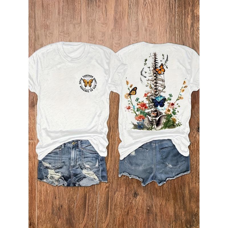 Womens Floral Butterfly Print Tee Round Neck Short Sleeve Casual Vacation Top S белый