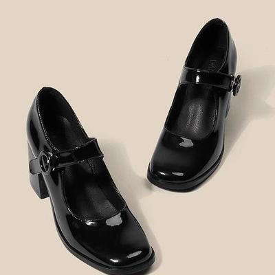 Mode Damen Mary Janes Schuhe Damen Britischer Stil Schwarz Klobiger Absatz Quadratische Zehenpartie Einzelner Schuh Neues Design Schnalle Kleiderschuhe Elegante Pumps
