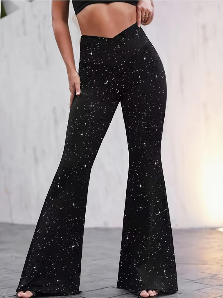 Eleganta Svarta Utsvängda Byxor med Korsrem och Glittrande Strass