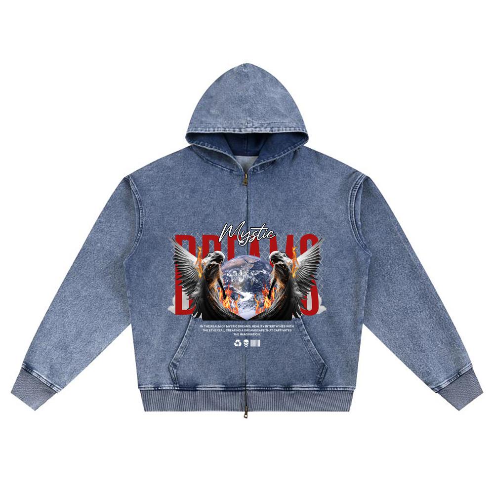 DTG print Knitted Denim Zip-Up Hoodie Angel Streetwear Brother Print Zipper Hoodies