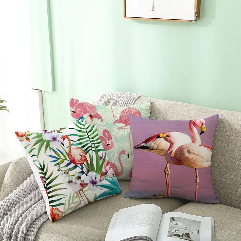 Housse de Coussin Décorative Flamant Rose Plantes Tropicales d'Été Feuilles Vertes Housse de Coussin à Jeter Housse de Coussin Flamant Rose