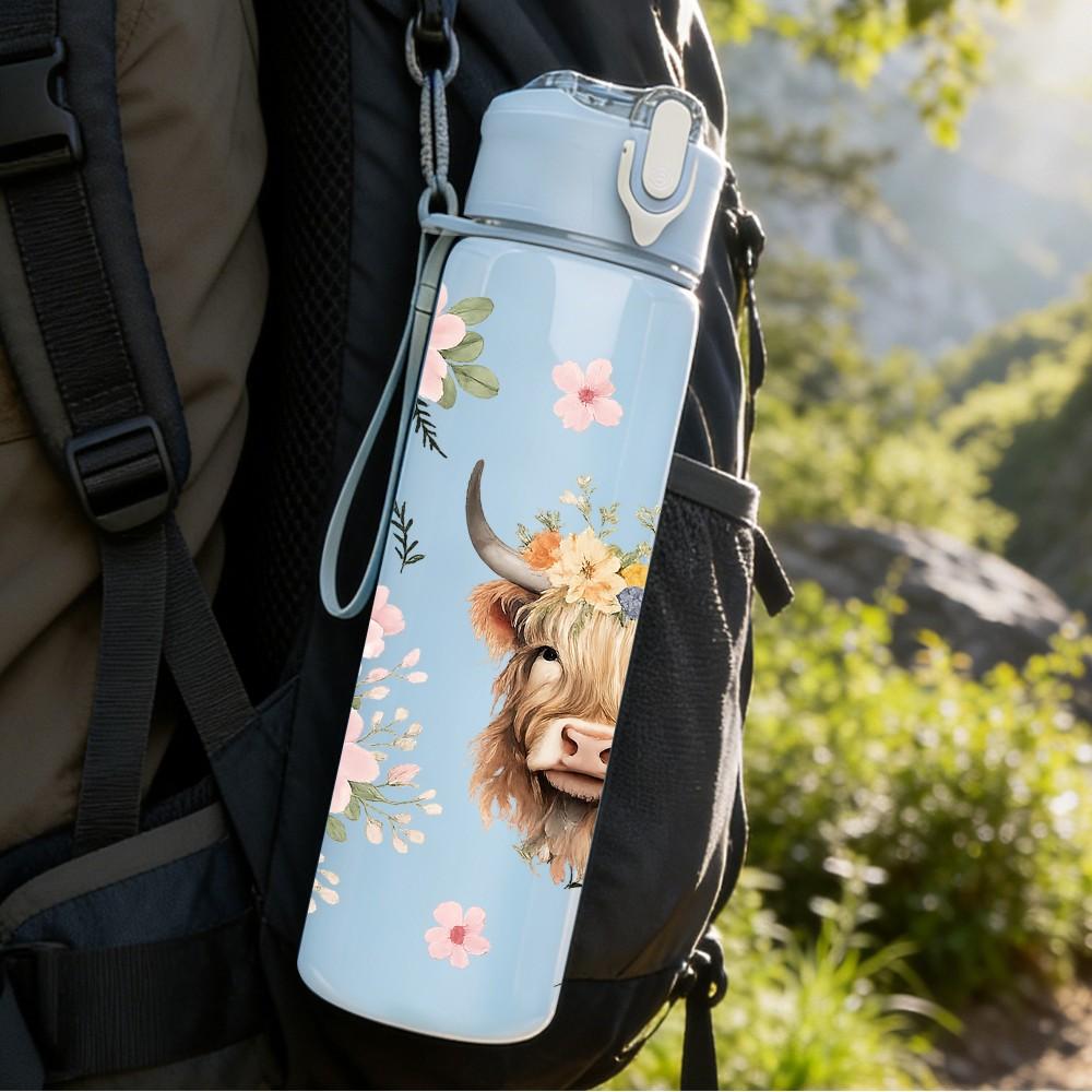 1PC Highland Cow Flower Wreath Print 750ml Color Plastic Sports Water Bottle Leakproof Flip Straw Lid Suitable for Sports Office Home Use