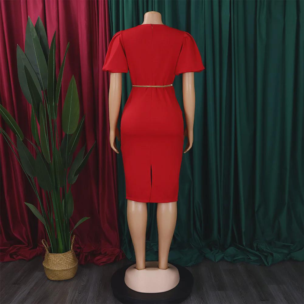 D411 Dámské letní šaty s nabíranými rukávy, výstřihem do V a obepínající boky - Profesionální OL styl pro africký, evropský a americký trh