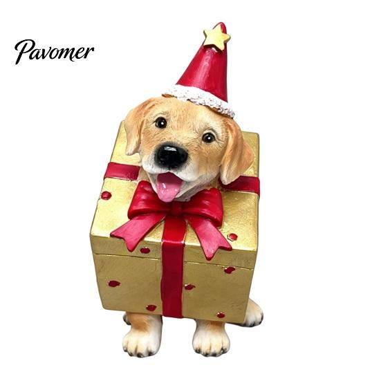 Resin Pet Decorations Christmas Dog Figurine, Puppy Statue in Tree & Gift Unique Themed Presents Box Costume, Festive Desktop Mantel Decor,