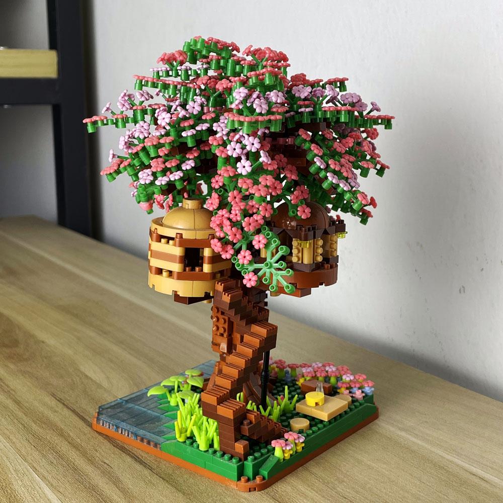 Knew Built Mini Sakura Tree House Building Blocks City Street View Cherry Blossom Model Build Brick Assemble Toys Children Gift
