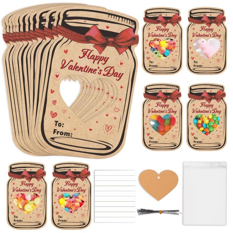 48Sets Valentines Day Cards Mason Jar Gift Cards with Treat Bags for Kids School