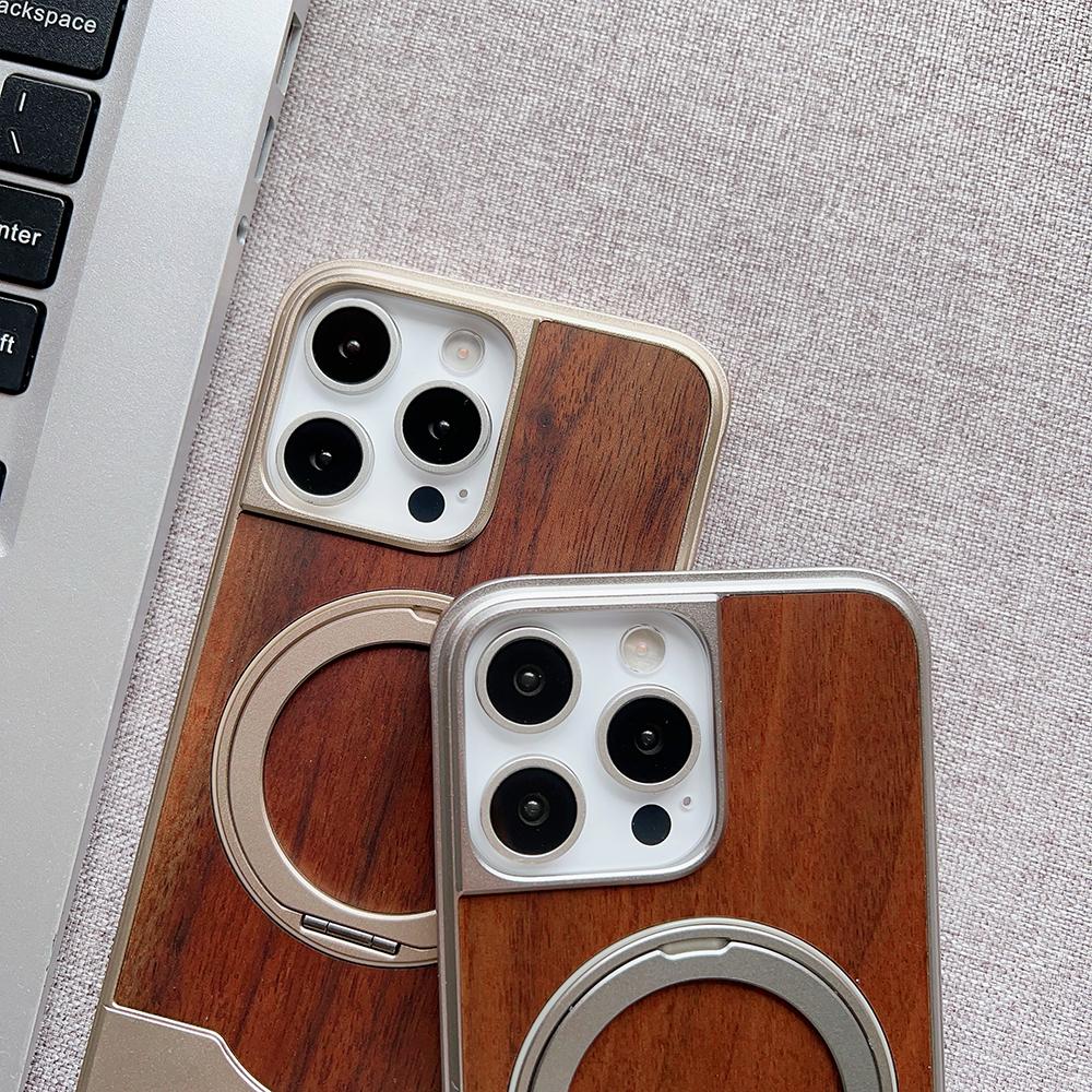 Alloy Wood Hybrid Case For iPhone 13 14 15 16 Pro Max 360° Rotation Metal Stand Matte Magentic Expandable Frameless Case Cover
