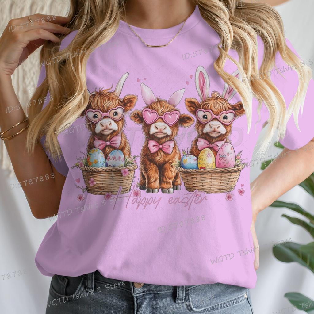 Happy Easter Day T-shirt Female Easter Cute Highland Cow Graphic T Shirts Women Cute Cow Gift for Women Retro Easter Vibes Shirt