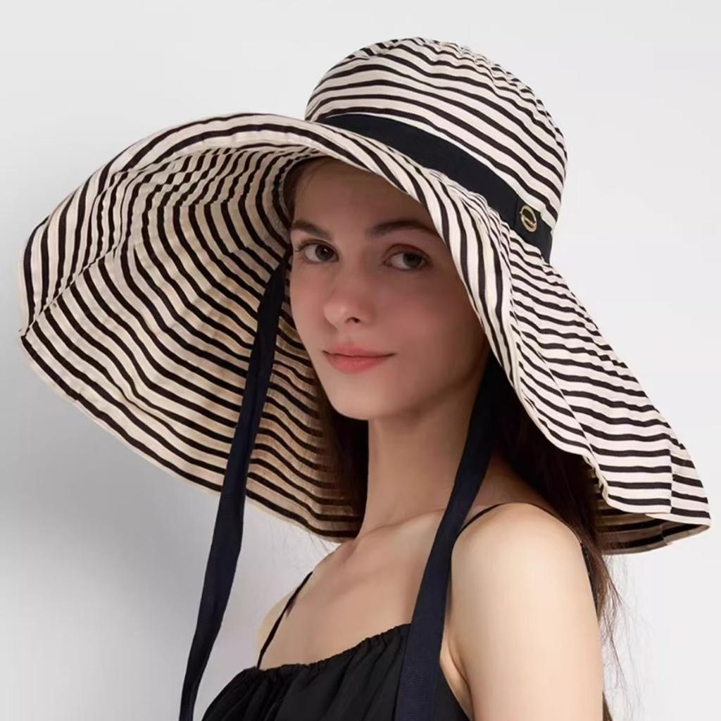 Korean-style summer outdoor travel fashion versatile striped wide-brimmed hat, women's foldable sun hat