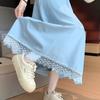 Women's Vintage Lace Trim High-Waist A-Line Midi Skirt - Summer Korean Bohemian Flared Umbrella Silhouette with Artistic Flair
