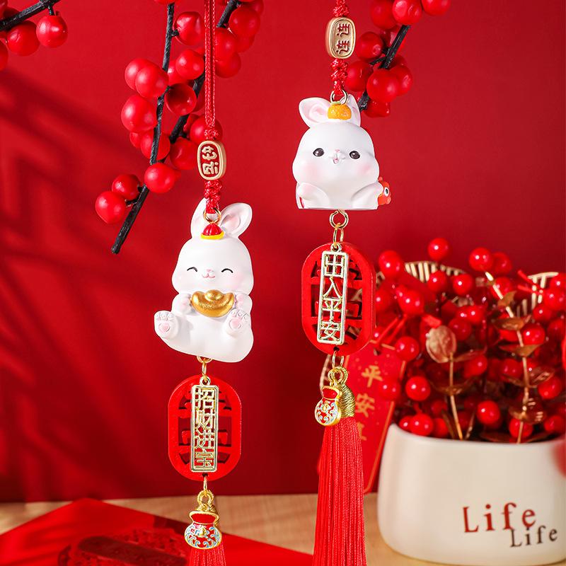 2024 New Year Rabbit Car Pendant Car Mirror Cute Rabbit Decoration Ornament Hanging Valentine's Day Gift Automotive Interior