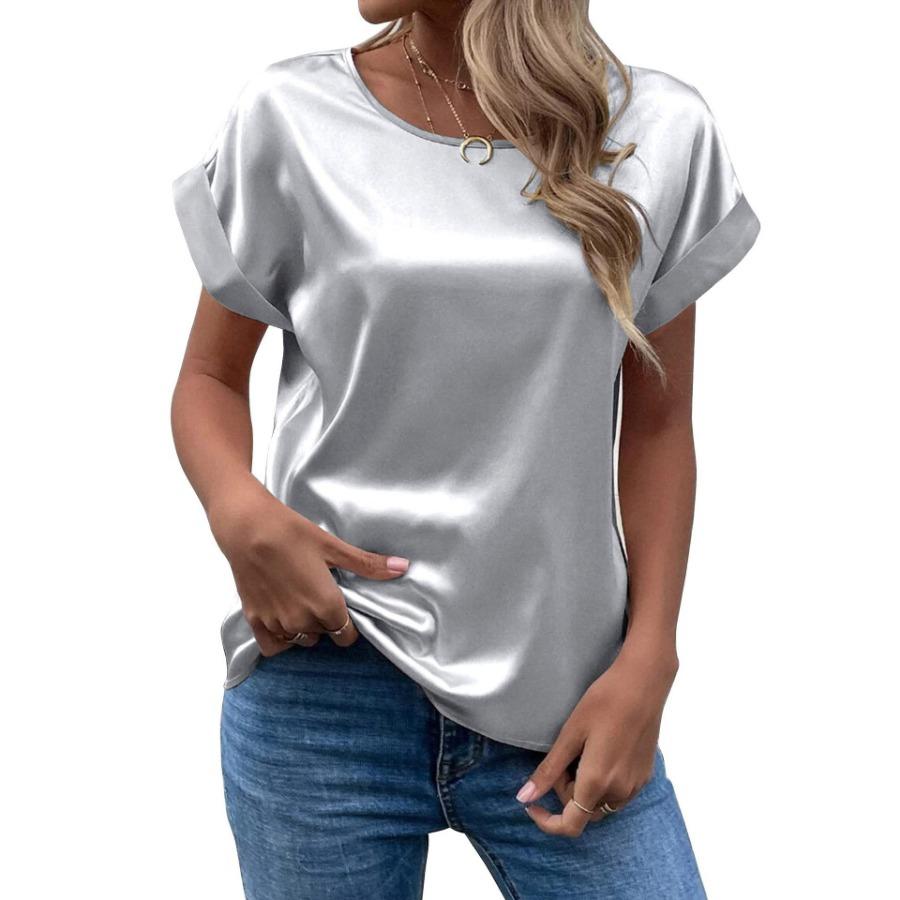 Sommer Schwarz Weiß Grau Damen Bluse Kurzarm Satin Hemd Lose Lässige Rundhals Satin Blusen Frauen Tops