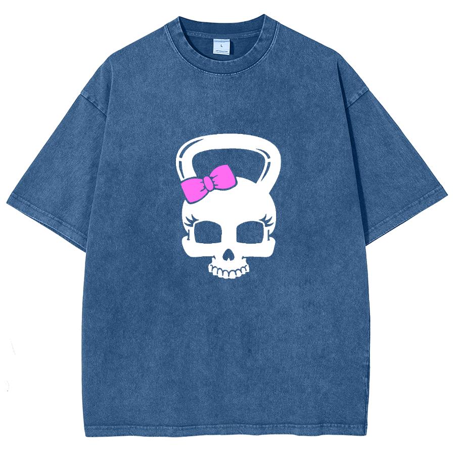 Colourful Old Washed Short-sleeved T-shirt Loose Skull Weird Bow Cute Street American Vintage Trend Leisure