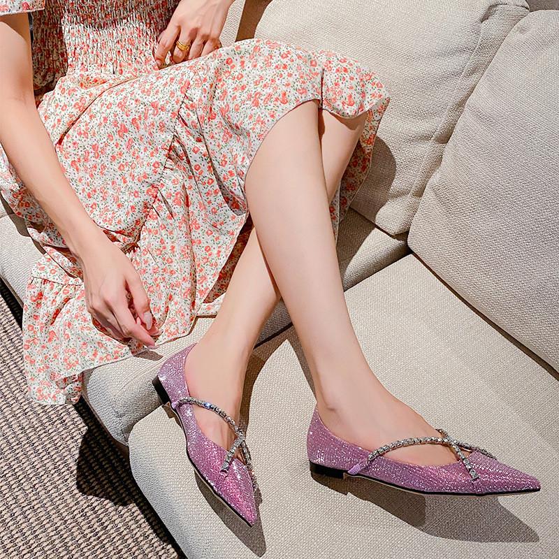 Luxury Sequined Rhinestones Mary Janes Women Flats Pumps Elegant Pointed toe Spring Autumn Shallow Ballet Walking Shoes