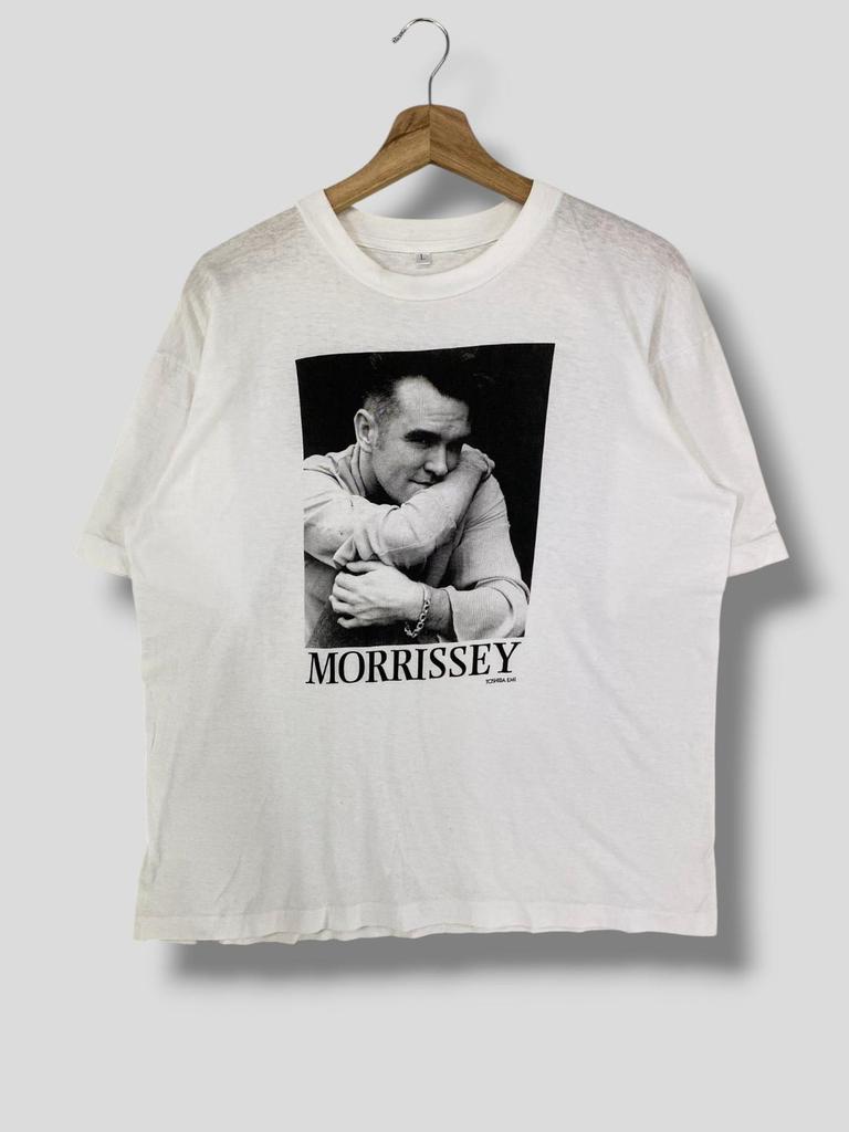 T-Shirt promozionale Morrissey toshiba emi anni '90 vintage merchandising musicale da collezione Morrissey vintage maglietta band The Smiths punto singolo bianco taglia L