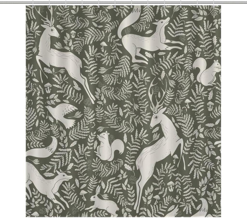 Cartoon Cute Forest Shower Curtains, Fairy Tale Mushroom Cat Flower Floral Leaf Green Pattern Decor Print Bath Drapes Set