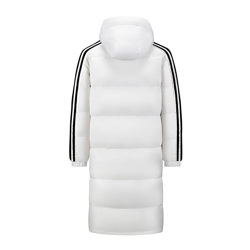Unisex White Duck Down Jacket - Classic Three-Stripes, Hooded, Warm Outerwear for Students (Autumn/Winter).
