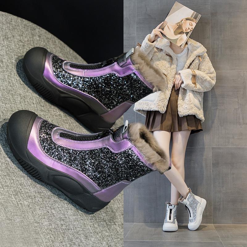 9921 Genuine Leather and Real Hair Women's Shoes, New Muffin Thick-soled Real Hair Cotton Shoes