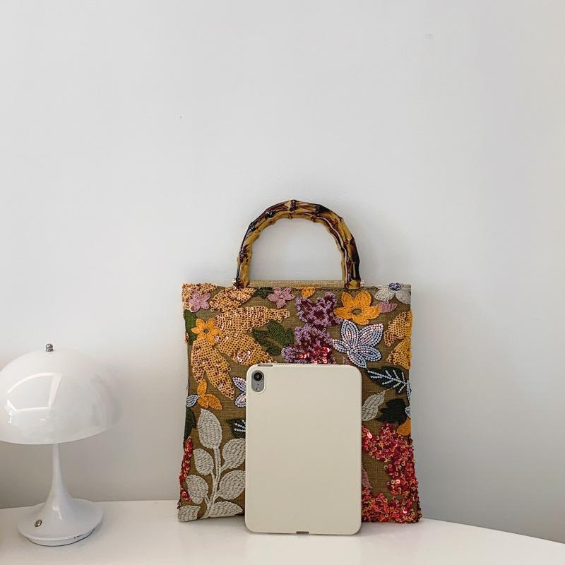 2025 Artistic Chinese-Style Women's Bamboo-Linen Handbag: Fashionable, Large-Capacity Floral Tote