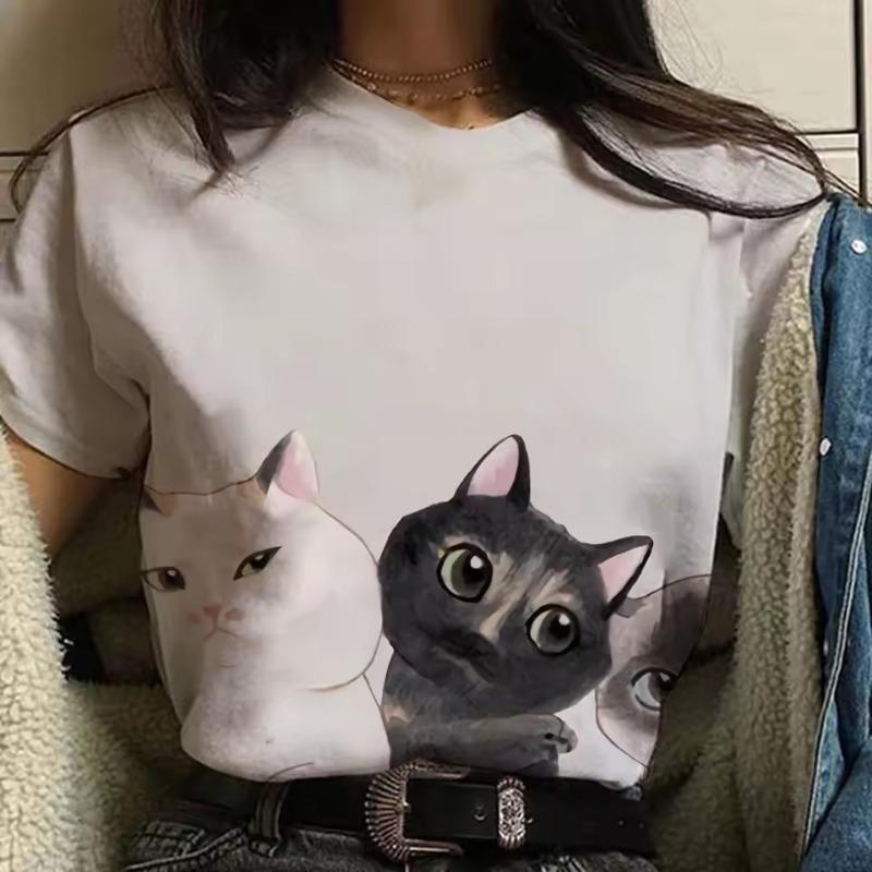 3D-tryckt söt djur-t-shirt för kvinnor roliga kattgrafiska t-shirts sommarmode överdimensionerade t-shirts kortärmade toppar med rund hals