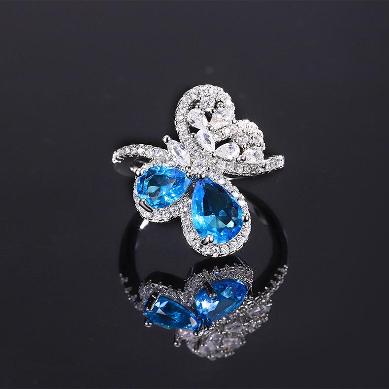 Caibao Deep Sea Sapphire Butterfly Ring for Women Ins Open Mouth Temperament Versatile Niche High End Index Finger Ring