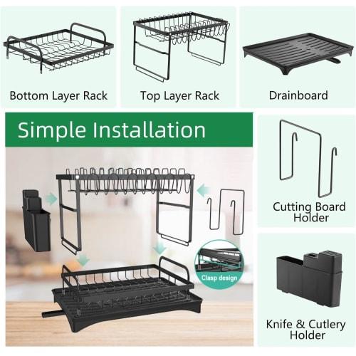 FUMITT Dish Drainer, Rust-Proof, Slim Dish Storage Rack - Large Capacity Kitchen Utensil, Multifunctional, Easy Assembly (Black, Automatic Drain [2-Ti