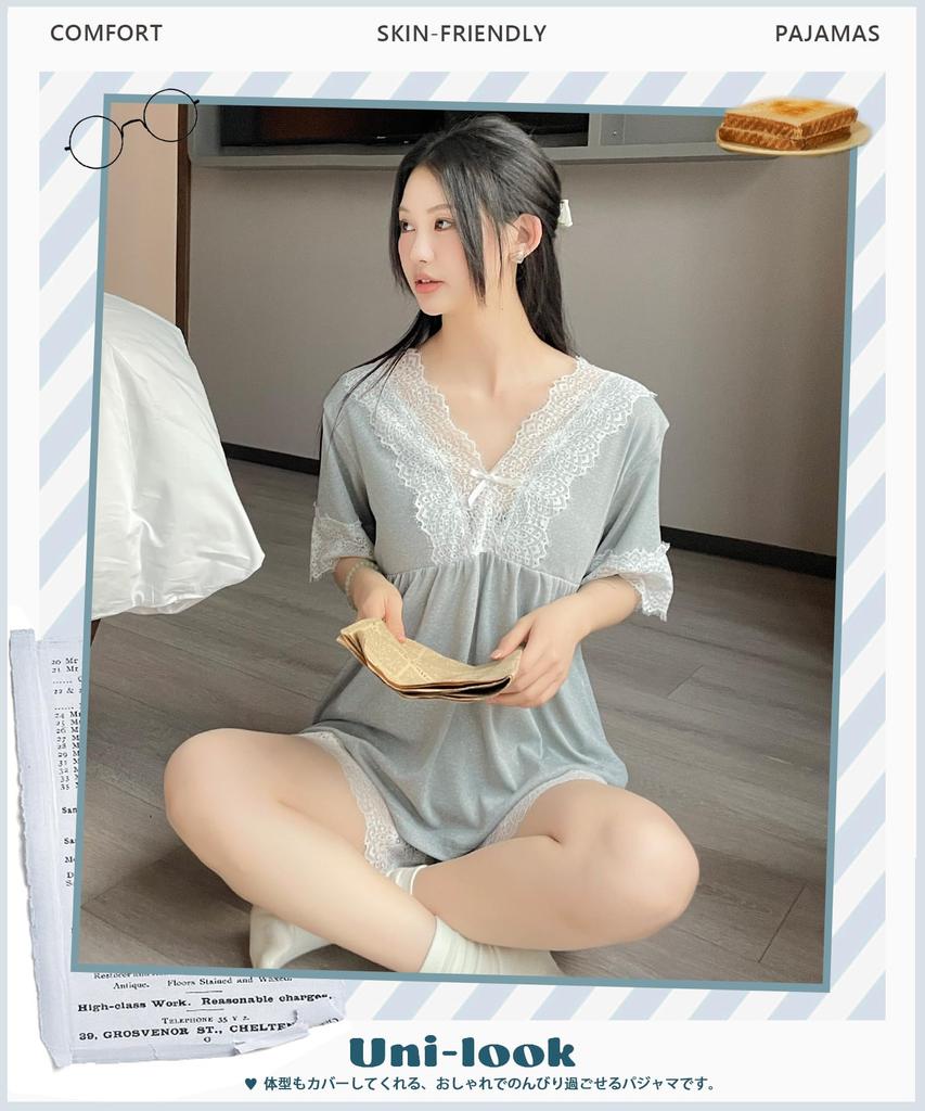 PHOLEEY Short Sleeve Pajama Top and Soft Ice Cute and Lace Homewear with Chest Pads Women's Set, Shorts, Silk, Sexy, Edge,